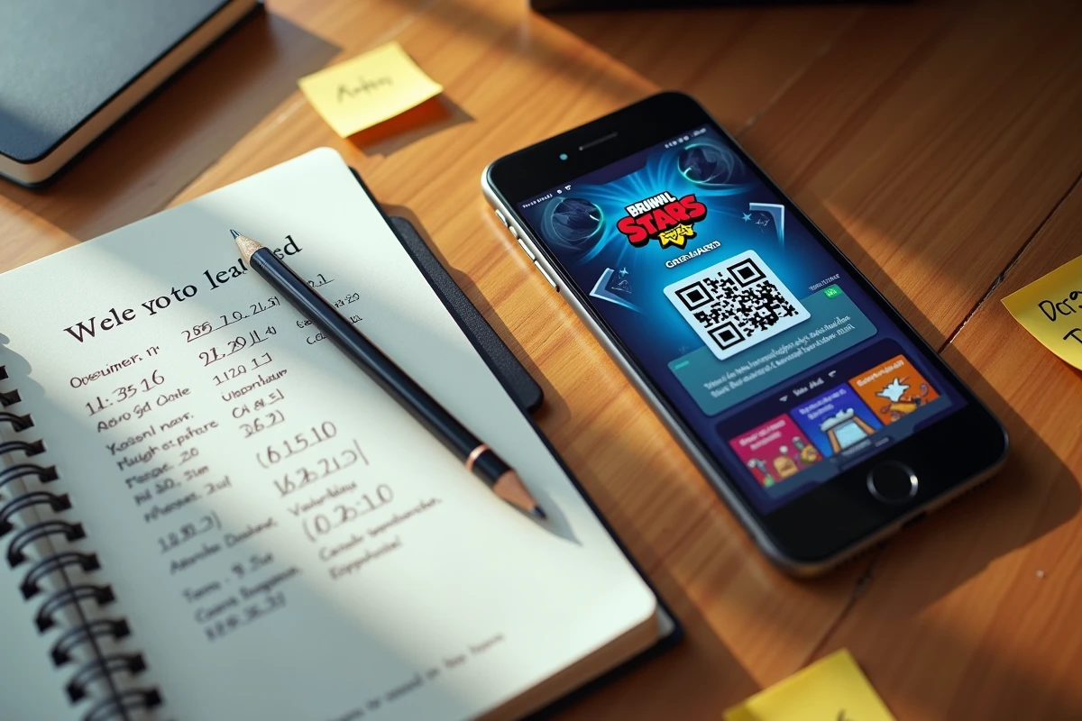 Flat-lay de codes Brawl Stars notés dans un carnet avec QR codes sur smartphone en 2026