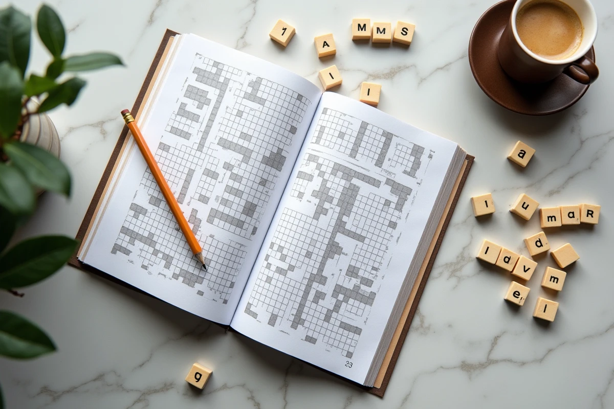 Vue de dessus d'un magazine de mots fléchés sur les villes italiennes avec lettres en céramique et crayon sur marbre