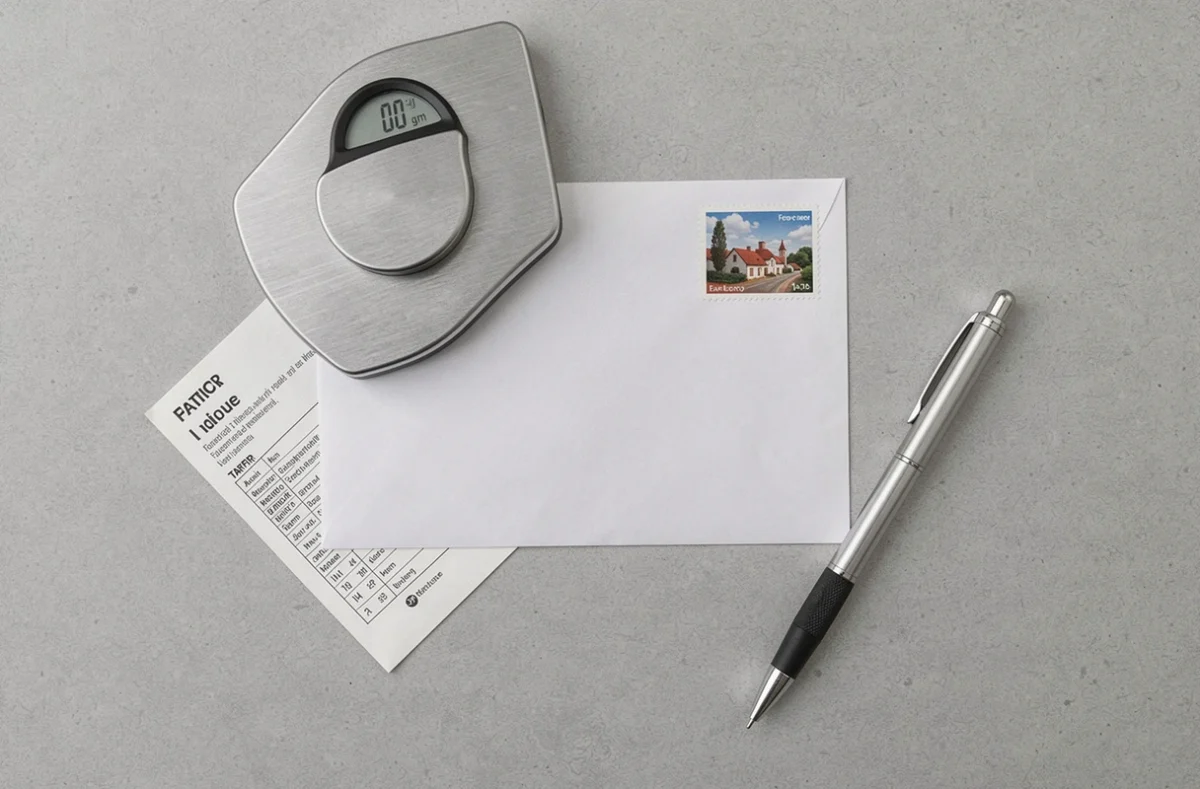 Vue aérienne d'une enveloppe timbrée avec balance postale et guide tarifaire pour affranchissement 2026