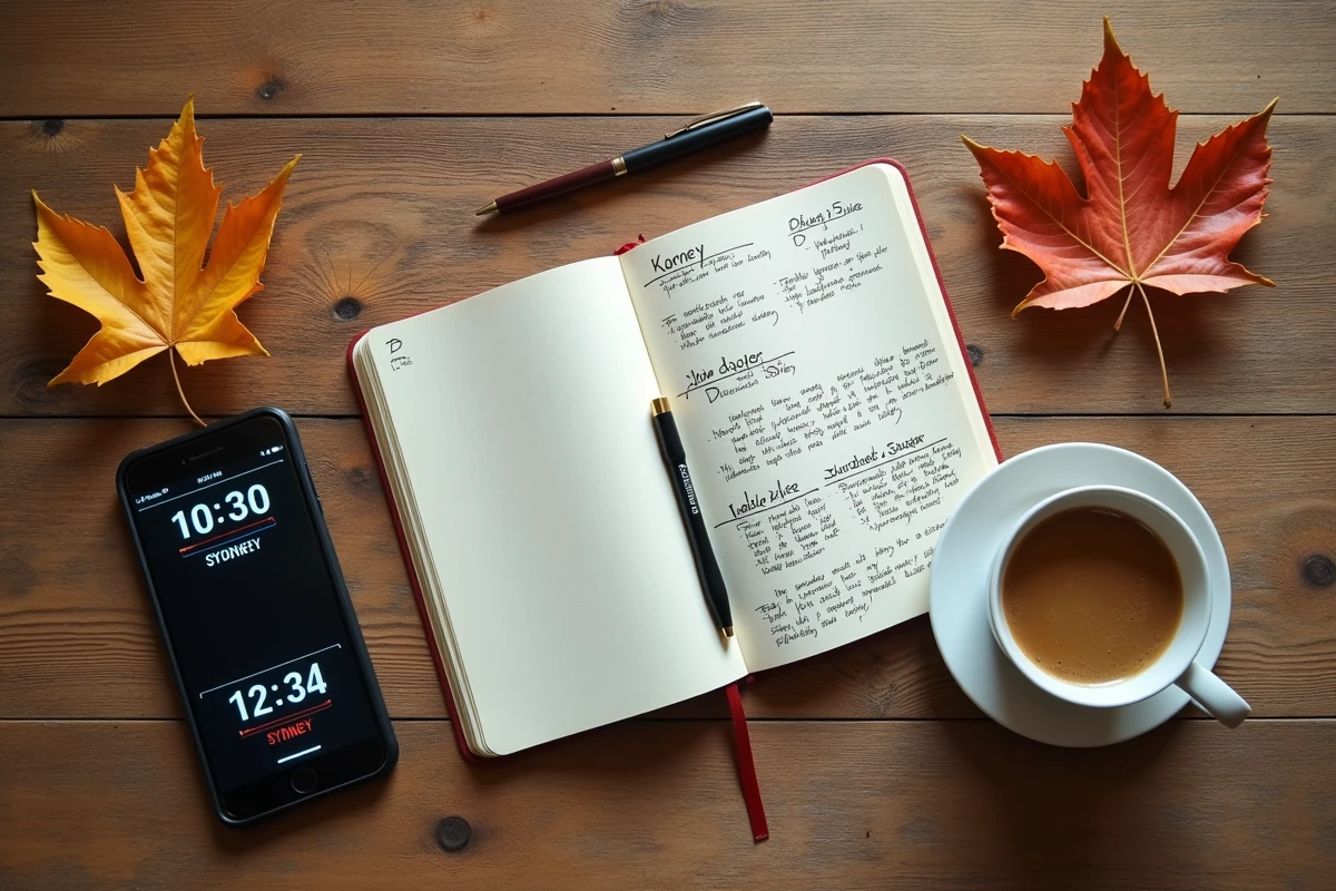 Vue de dessus d'un téléphone affichant les heures de Sydney et Québec avec un carnet de notes de conversion horaire sur une table en bois