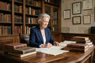 Femme académicienne élégante assise à un bureau en acajou entouré de livres historiques dans un bureau parisien raffiné, évoquant la carrière intellectuelle et le patrimoine d'Hélène Carrère d'Encausse