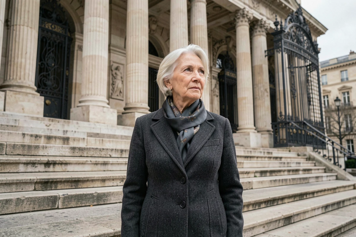Femme distinguée en manteau de laine gris devant une institution néoclassique parisienne aux colonnes ornées, illustrant le prestige institutionnel et la trajectoire de fortune d'Hélène Carrère d'Encausse