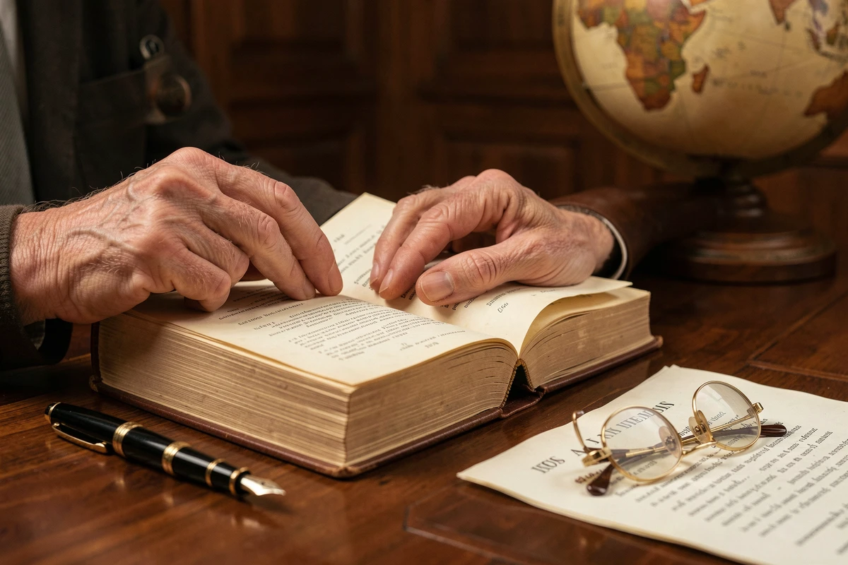 Gros plan sur des mains âgées feuilletant un livre ancien posé sur une table en bois poli, avec stylo plume vintage et document académique officiel, symbolisant l'héritage intellectuel et la fortune littéraire d'Hélène Carrère d'Encausse