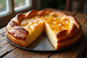 Galette des rois dorée sur une table en bois rustique