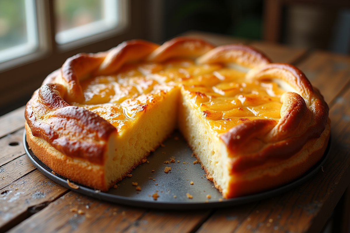 Galette des rois dorée sur une table en bois rustique