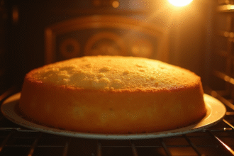 Gâteau éponge doré en cuisson dans un four lumineux