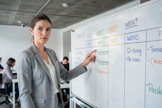 Chef de projet femme pointant un tableau de planification avec un calendrier de semaines et jalons dans un bureau moderne