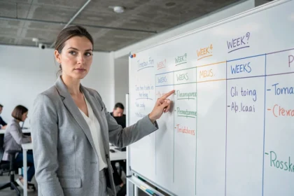 Chef de projet femme pointant un tableau de planification avec un calendrier de semaines et jalons dans un bureau moderne