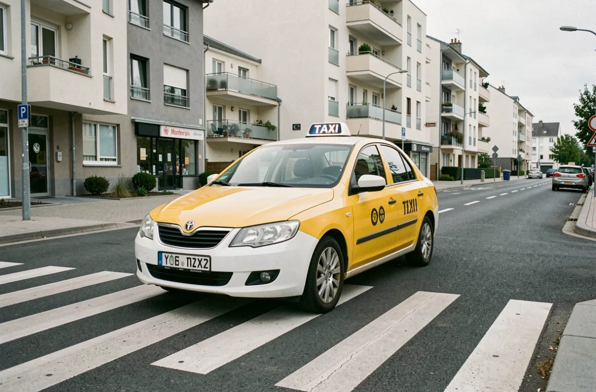 Taxi jaune et blanc avec enseigne lumineuse arrêté à un passage piéton dans un quartier résidentiel de Montevrain pour Green Lane Cab