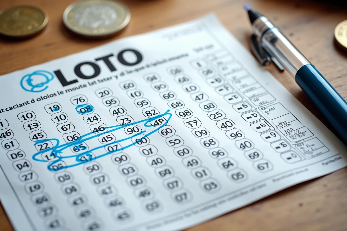 Vue aérienne d'une grille LOTO complétée avec les options supplémentaires cochées et des pièces en euros