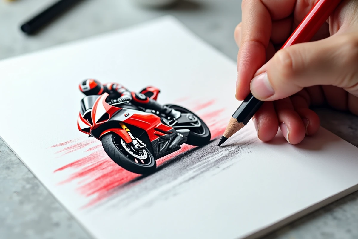 Gros plan sur un coloriage de moto de course partiellement colorié au crayon rouge et noir