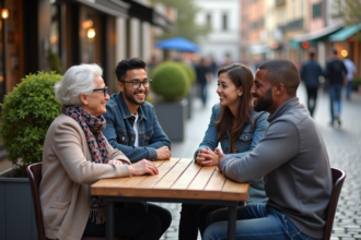 Groupe de cinq personnes diverses autour d'une table en plein air