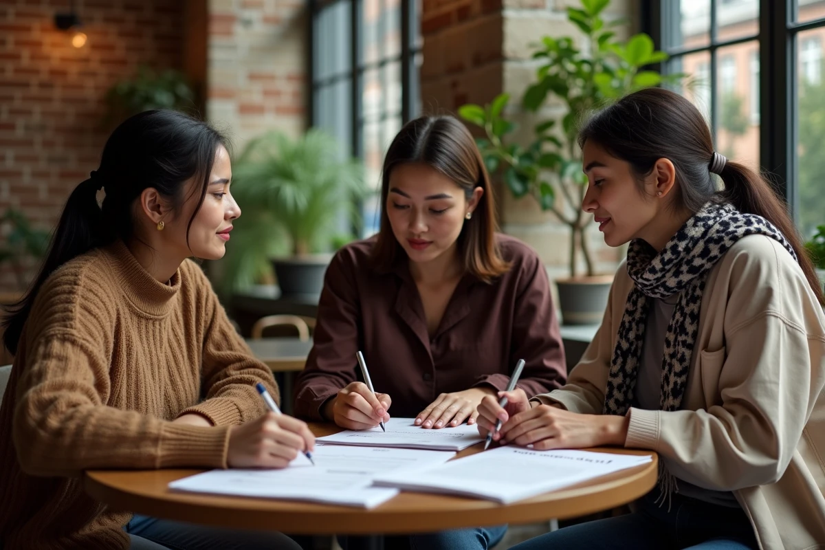 Trois femmes discutant autour d une table de café avec tests spirituels