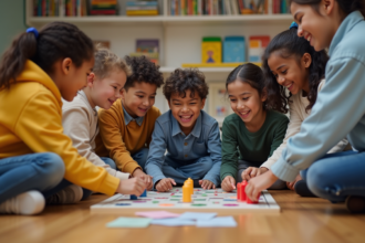 Enfants et adultes jouent ensemble à un jeu de société