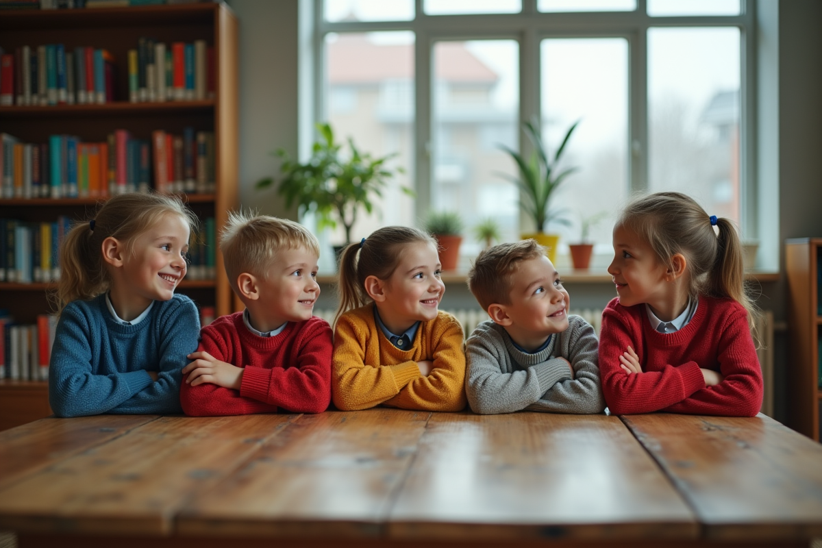 Groupe d enfants assis autour d une table dans une bibliothèque scolaire