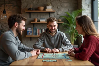 Jeunes adultes jouant à un Monopoly dans un appartement moderne