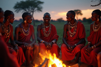 Groupe de Maasai autour du feu au crépuscule