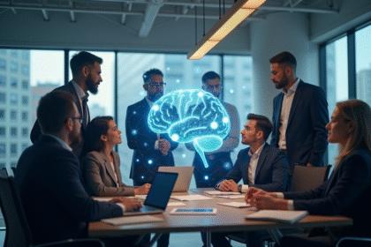 Professionnels discutant autour d’un cerveau holographique avec icônes éthiques