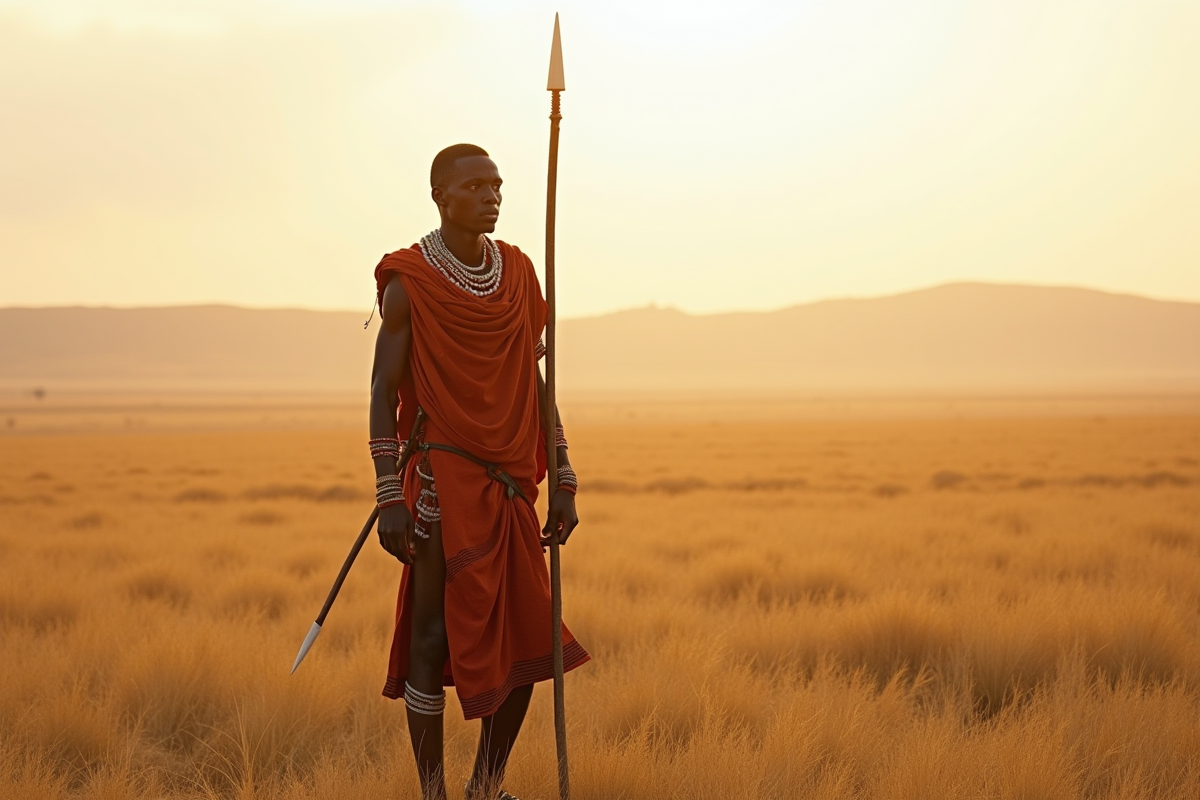 Guerrier Maasai dans la savane au matin