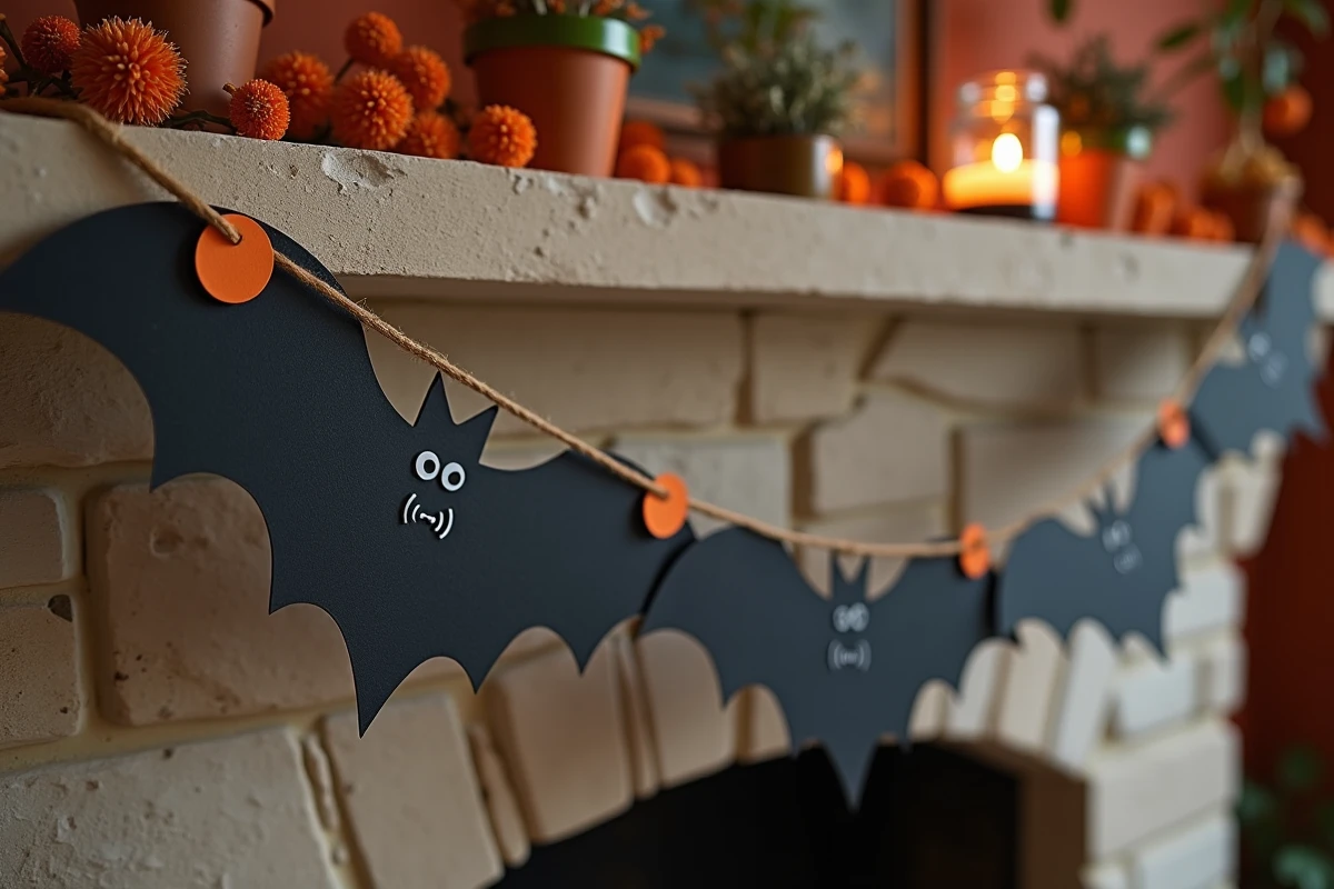 Guirlande Halloween chauves-souris en carton noir avec lunes oranges sur une cheminée en pierre décorée