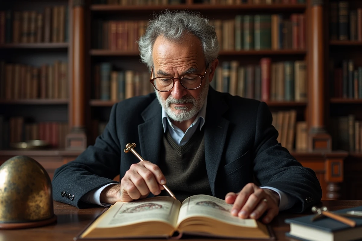 Historien âgé examinant un livre ancien illustrant des symboles templiers et maçonniques dans une bibliothèque universitaire