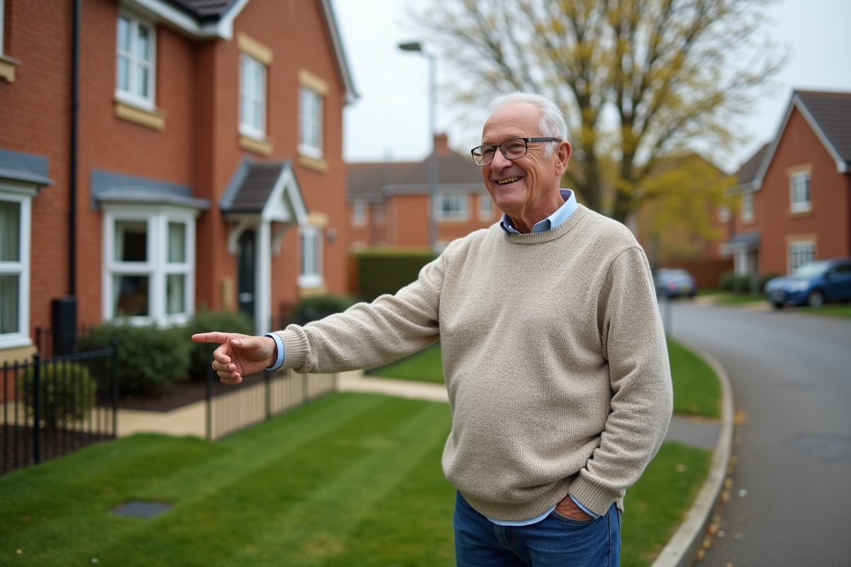 Homme souriant devant un duplex rénové dans un quartier résidentiel