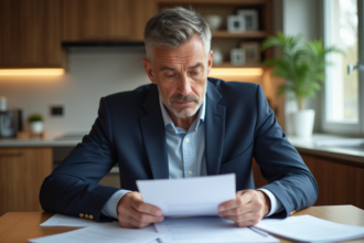 Homme d'affaires en costume examine des documents immobiliers