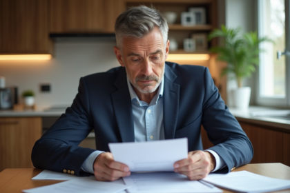 Homme d'affaires en costume examine des documents immobiliers