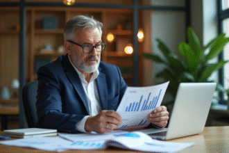 Homme d'affaires en costume bleu analysant des documents d'investissement