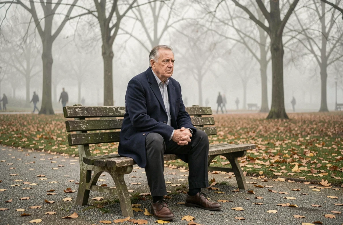 Homme âgé seul sur un banc de parc en automne, évoquant la solitude et la mélancolie du silence intérieur