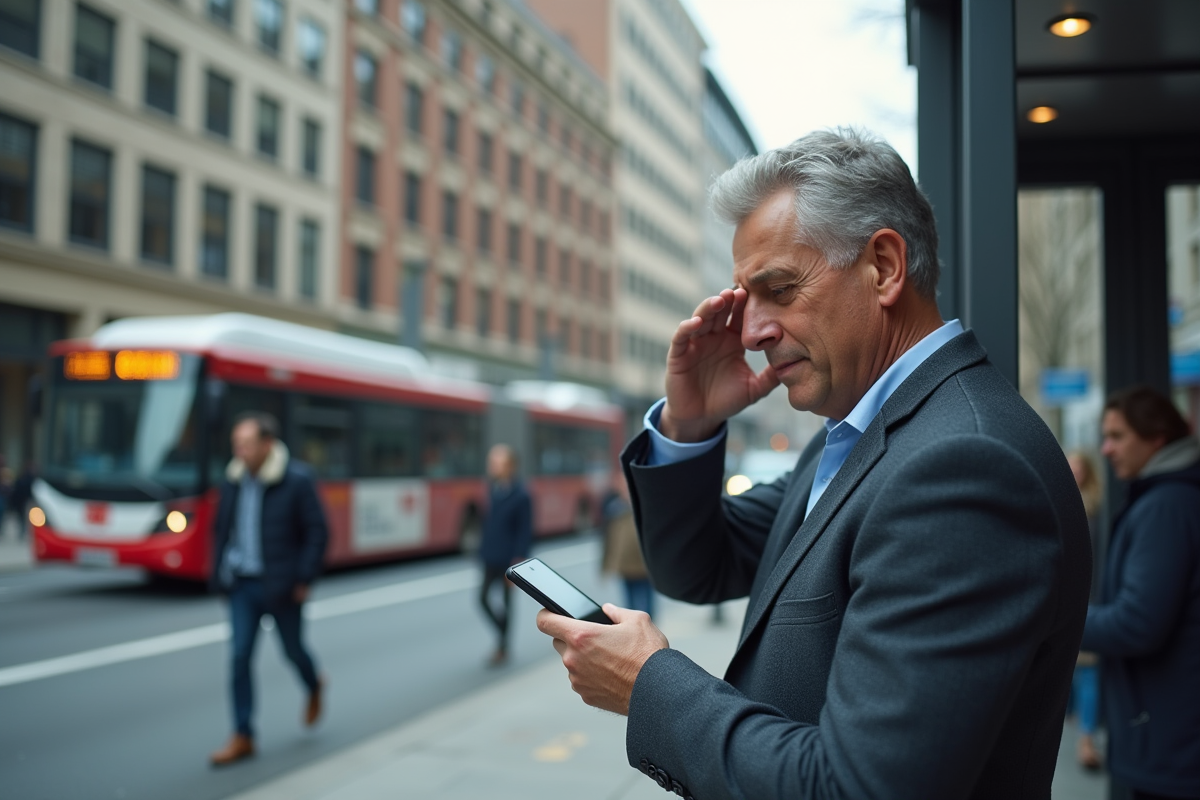 Homme en ville attendant au bus avec téléphone à la main
