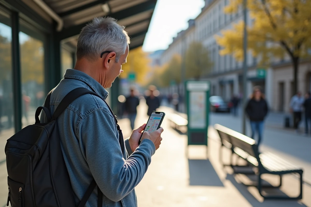Homme regardant son téléphone au arrêt de tram à Toulouse