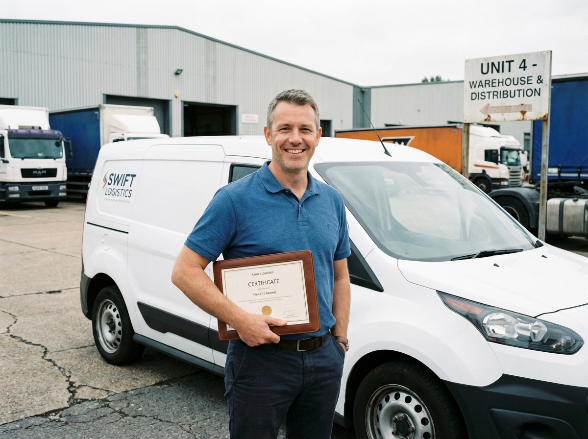 Homme fiere avec certificat devant un van blanc