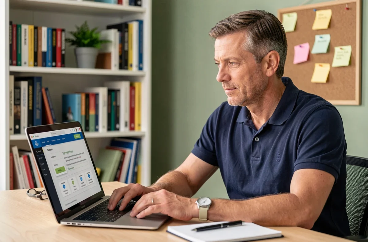Homme rédigeant un avis en ligne sur ordinateur portable dans un bureau à domicile, retour d'expérience programme de récompenses