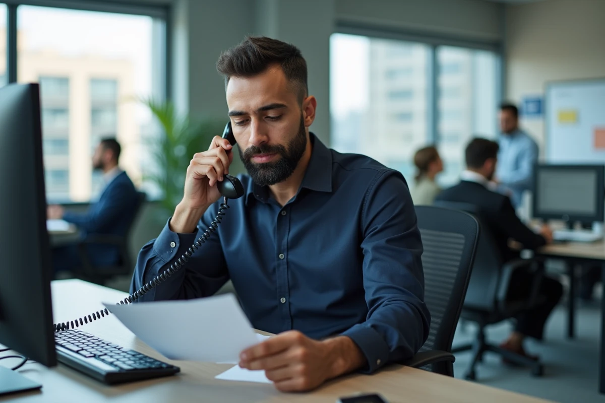 Homme en bureau professionnel composant un numéro international vers l'Algérie sur téléphone fixe