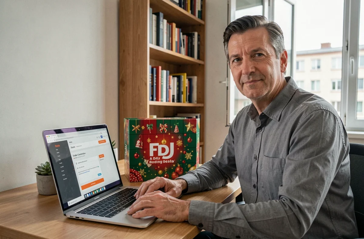 Homme commandant un calendrier de l'avent FDJ en ligne depuis son bureau à domicile