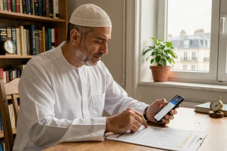 Homme consultant des horaires de prière islamiques sur papier et smartphone dans un bureau à la maison à Annemasse