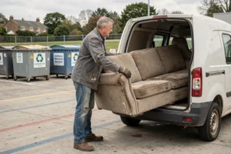 Un homme décharge un vieux canapé encombrant d'une camionnette dans une déchetterie municipale organisée