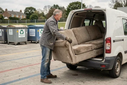 Un homme décharge un vieux canapé encombrant d'une camionnette dans une déchetterie municipale organisée