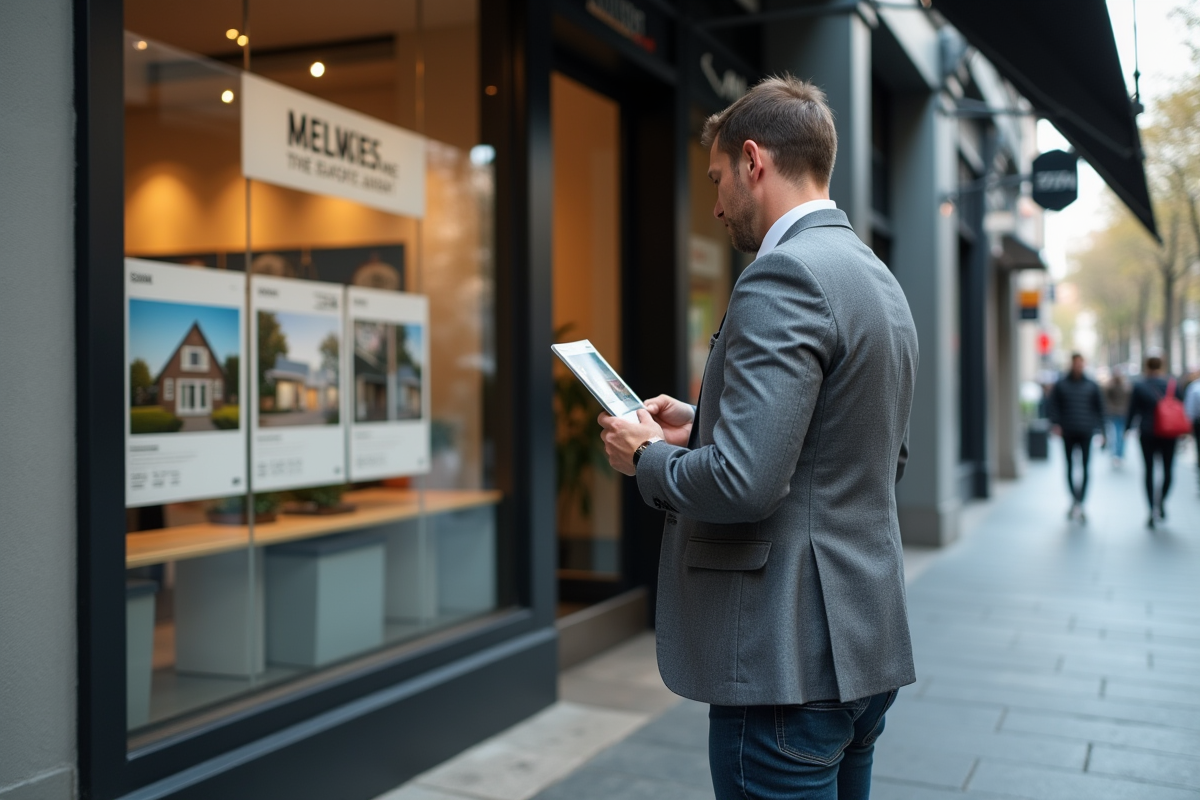 Homme regardant des annonces immobilières devant une agence urbaine