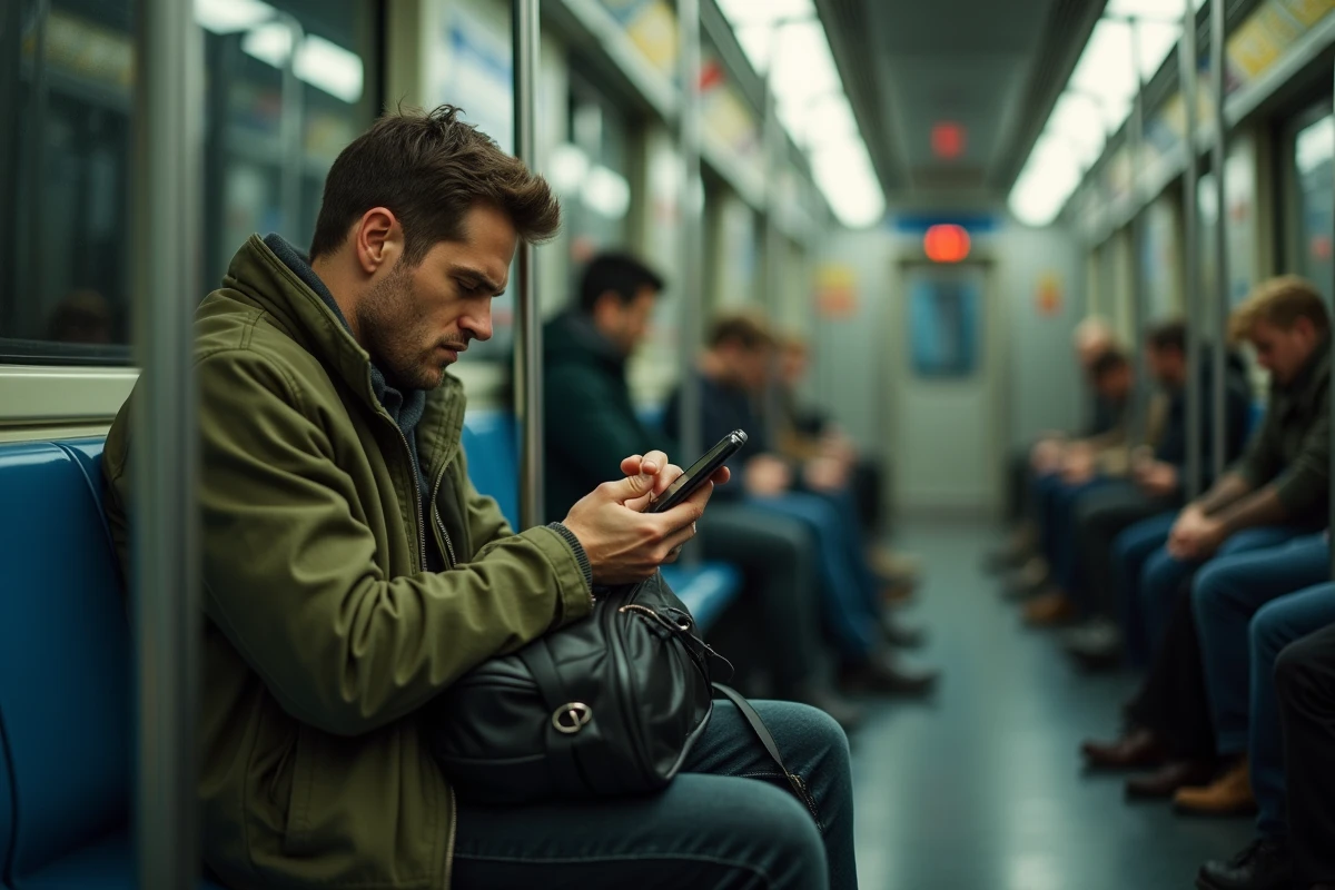 Homme épuisé dans le métro regardant son téléphone, symbole du burn-out digital quotidien