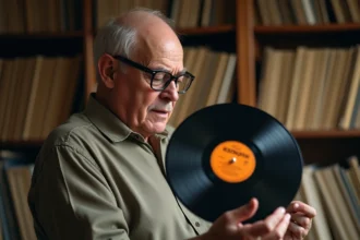 Homme âgé examinant attentivement un disque 78 tours en shellac dans une bibliothèque encombrée de vinyles anciens