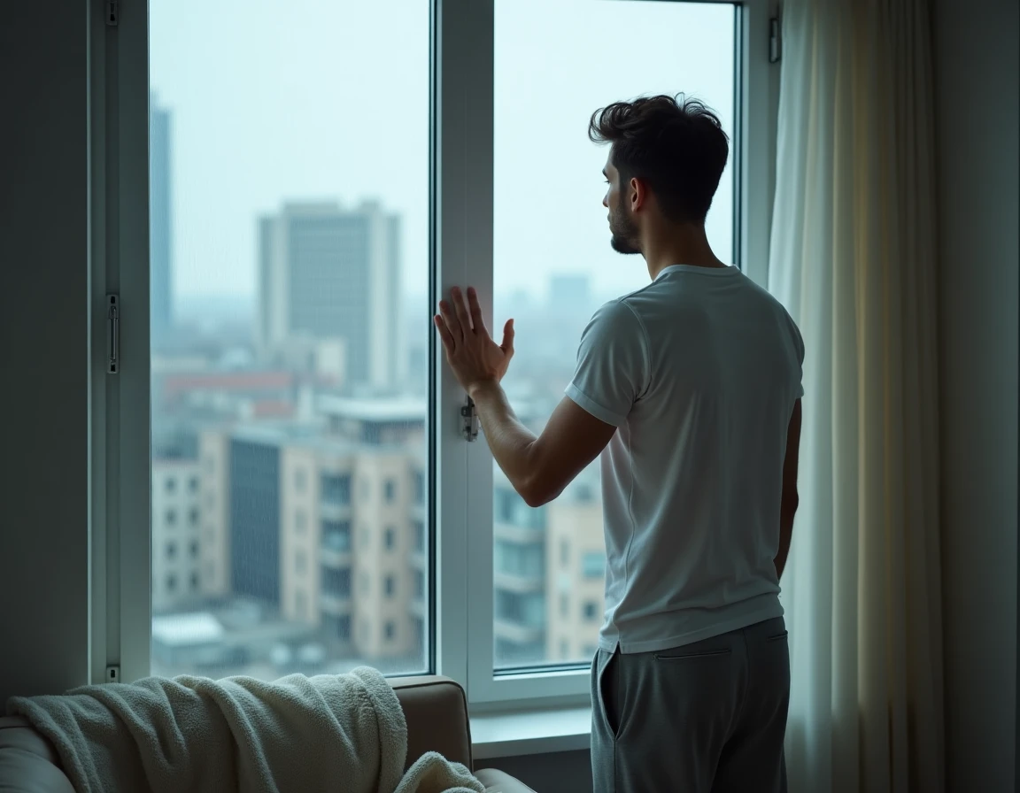 Homme seul regardant par une fenêtre sous la pluie dans un appartement, illustrant la souffrance émotionnelle et l'estime de soi après un amour non partagé