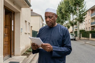 Homme consultant les horaires de prières devant une mosquée à Neuilly-sur-Marne