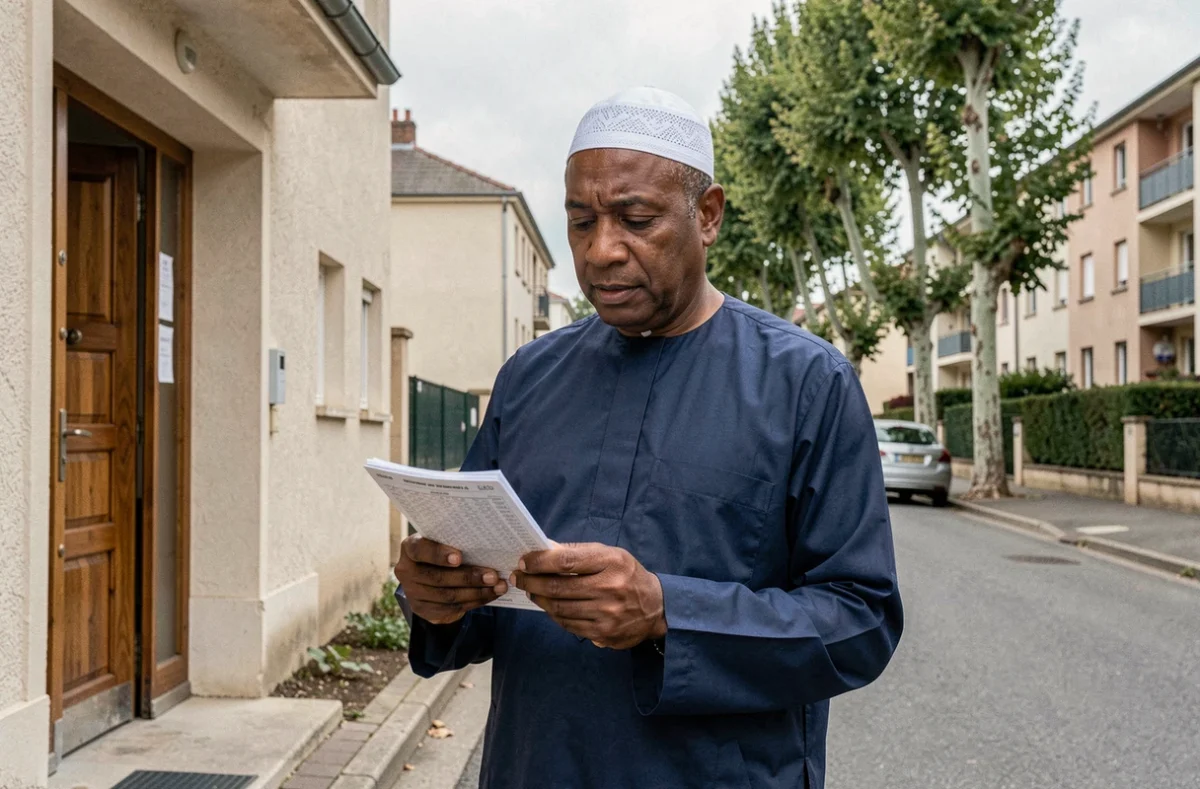 Homme consultant les horaires de prières devant une mosquée à Neuilly-sur-Marne