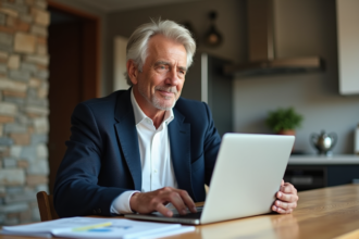 Homme d'âge moyen examinant des documents d'investissement dans une cuisine moderne