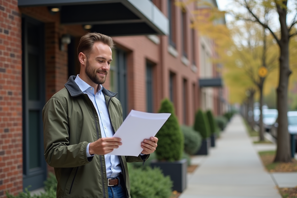 Homme dehors lisant des documents immobiliers