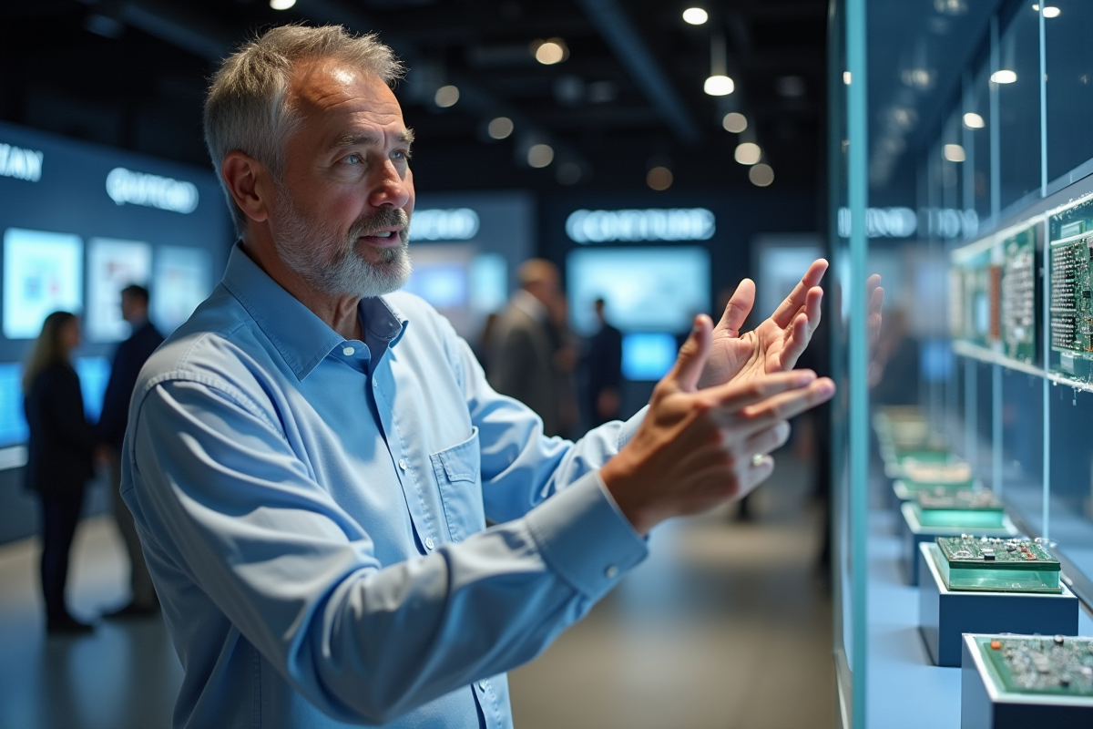 Homme expliquant un circuit quantique dans un musée scientifique