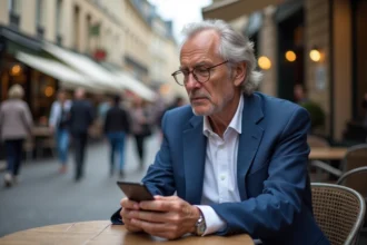 Homme d age en costume bleu dans un café parisien