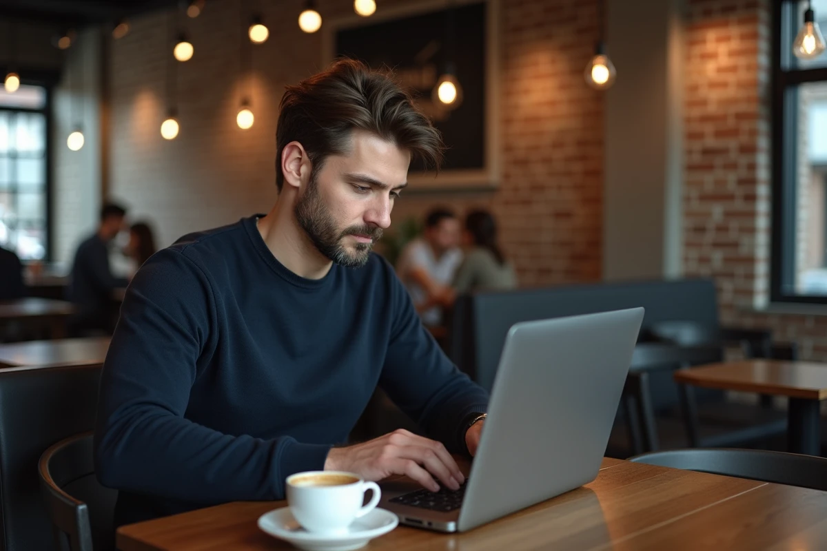 Homme consultant une plateforme légale de manga BL sur laptop dans un café urbain